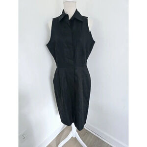 CC Courtenay Black Linen Sleeveless Collard Button Front Midi Vintage Dress 14 L